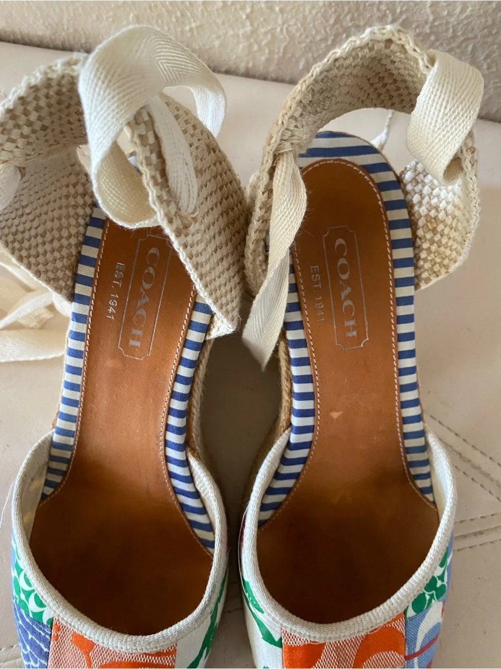 Coach Y2K Patchwork Espadrille Wedge Sandals with Ankle Tie Preppy Size 8